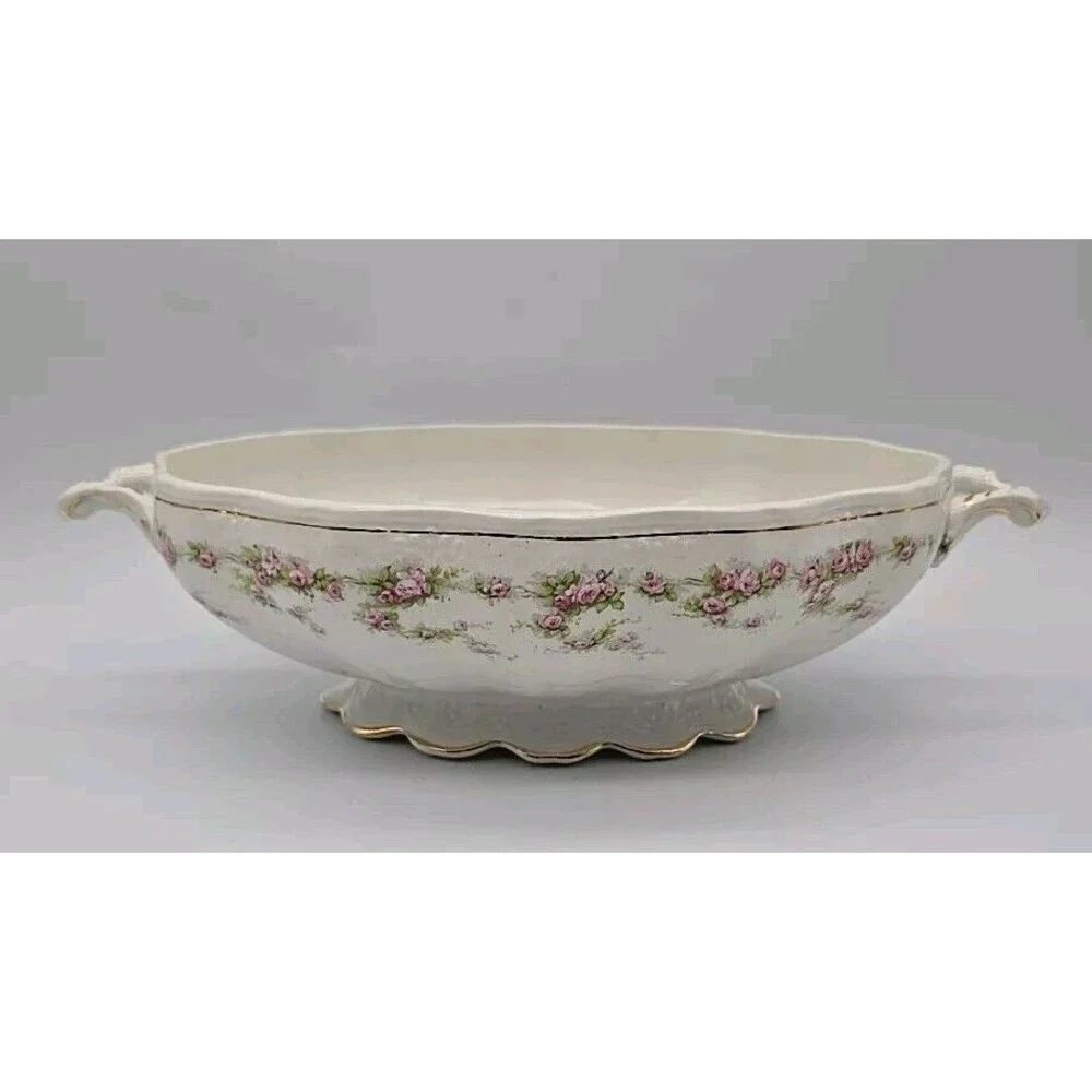 Vintage Dresden Semi Porcelain Two Handle Serving Bowl Rosesand Gold Trimmed